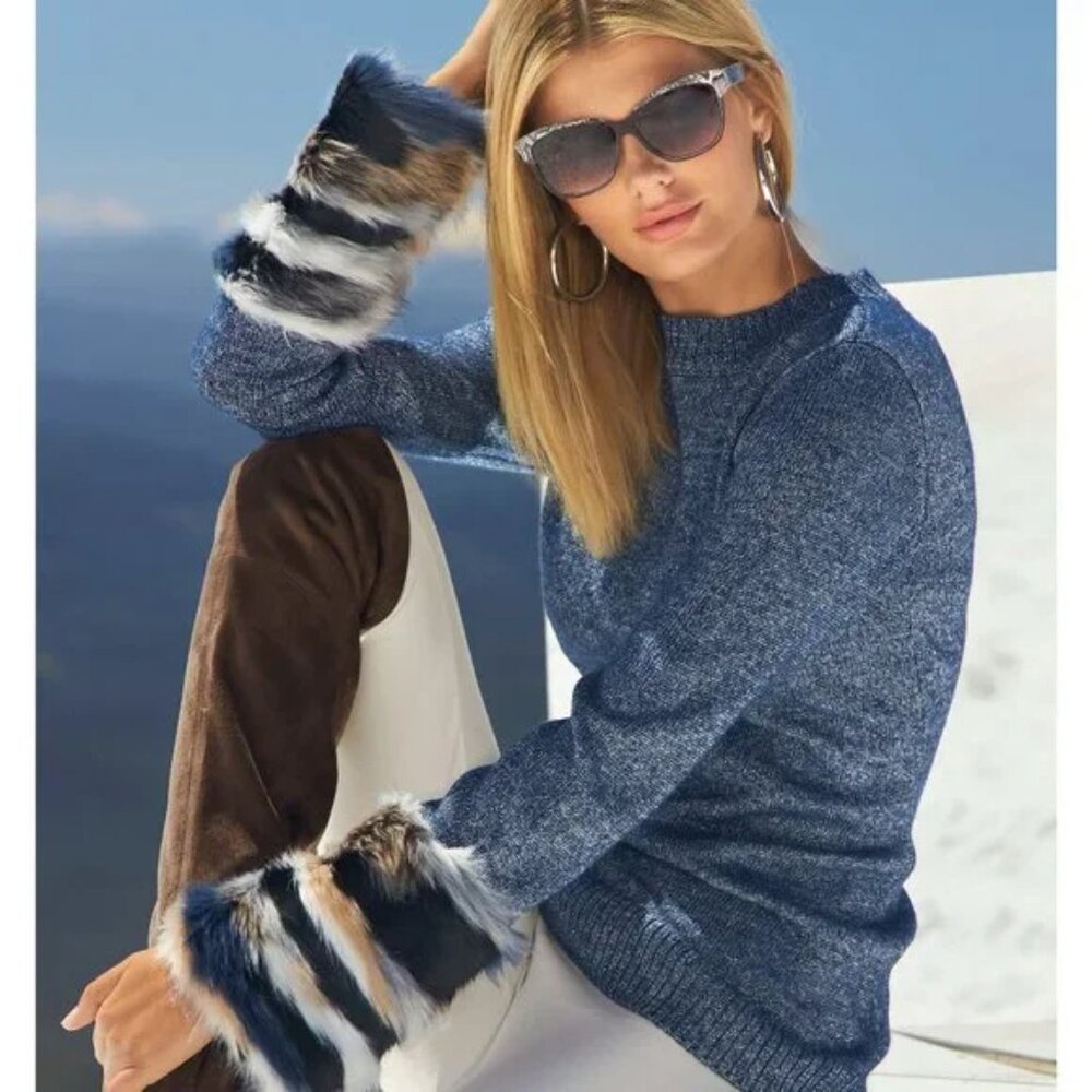 NWOT Boston Proper Lurex Fur Cuff Sweater - Picture 2 of 5